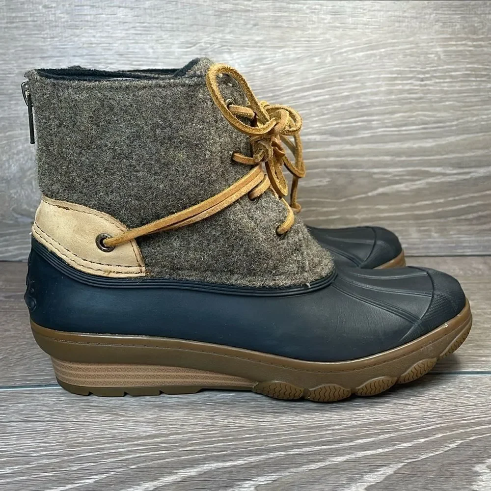 Sperry Top Sider Saltwater Tide Women’s Sz 5M Tan Black Zip Warm Wool Duck Boots